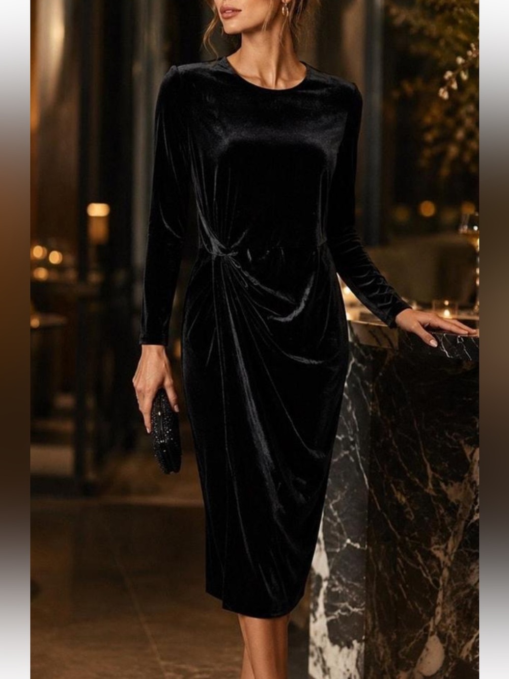 Black Velvet Long-Sleeve Twist Dress Size L